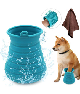 Idepet Dog Paw Cleaner Cup with Towel Pet Foot Washer Protable Dog Cleaning Brush for Puppy Cats Massage Grooming Dirty Claws(Blue)
