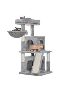 Hey-brother Cat Tree with Scratching Board, 2 Luxury Condos, 41.34 inches Cat Tower with Padded Plush Perch and Cozy Basket, Light Gray MPJ004W