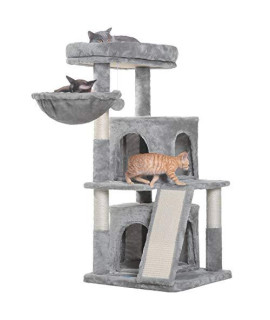 Hey-brother Cat Tree with Scratching Board, 2 Luxury Condos, 41.34 inches Cat Tower with Padded Plush Perch and Cozy Basket, Light Gray MPJ004W