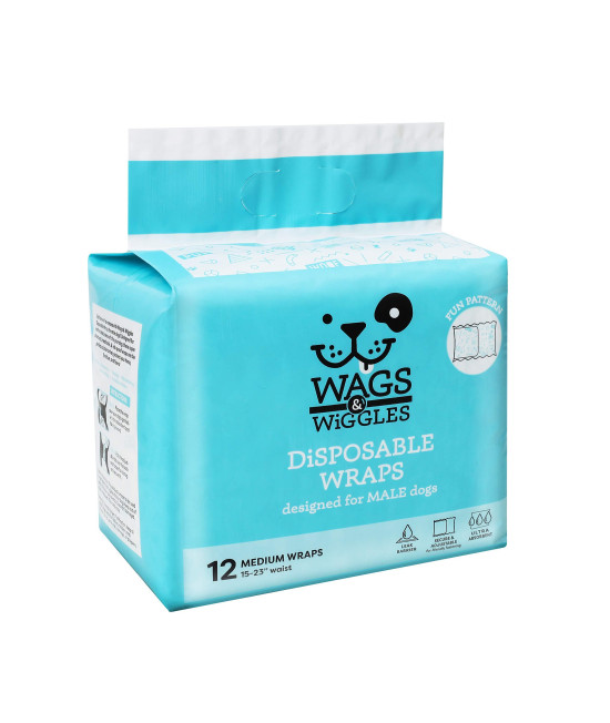 Wags & Wiggles Male Wraps for Medium Dogs Disposable Male Dog Diapers for Dogs with 15 to 23 Waist, 12 Pack Disposable Dog Diapers for Male Dogs