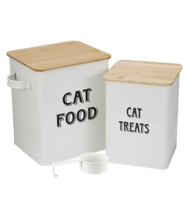Cat Food and Treats Containers Set with Scoop for Cats or Dogs -Tight Fitting Wood Lids - Coated Carbon Steel - Storage Canister Tins-Cat-White