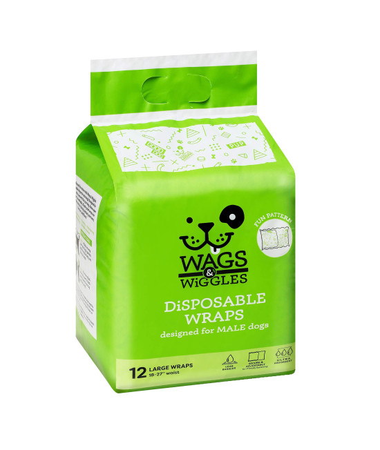Wags & Wiggles Male Wraps for Large Dogs Disposable Male Dog Diapers for Dogs with 18 to 27 Waist, 12 Pack Disposable Dog Diapers for Male Dogs