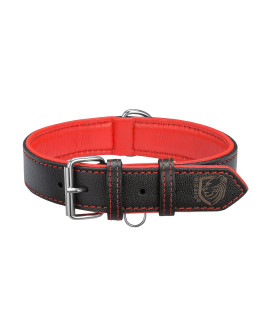 Riparo Genuine Leather Padded Dog Heavy Duty K-9 Adjustable Collar (S, Black/Red Thread)