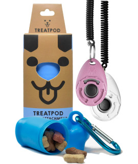 TREATPOD Leash Treat Holder and Training Clickers (White/Pink) - Portable Container and Clickers with Wrist Straps Training Bundle