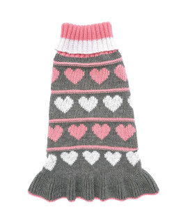 Jecikelon Pet Dog Long Sweaters Dress Knitwear Turtleneck Pullover Warm Winter Puppy Sweater Long Dresses (Grey Heart, Large)