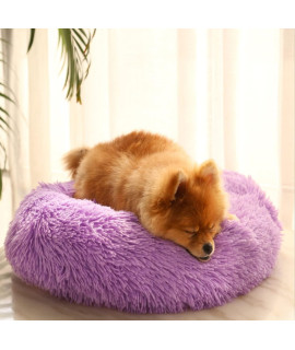 ALLNEO Detachable Original Calming Donut Cat and Dog Bed 24'' Luxury Shag Long Fur Cuddler Machine Washable&Self Warming Indoor Round Pet Pillow Bed for Small Pets (M-24 * 24 * 7inch, Purple)