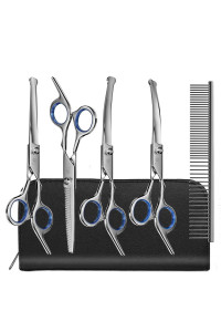 MAOCG Dog Grooming Scissors Set with Safety Round Tip, Titanium Coated Curved, Thinning and Straight Pet Grooming Scissors Kit for Dogs and Cats.