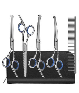 MAOCG Dog Grooming Scissors Set with Safety Round Tip, Titanium Coated Curved, Thinning and Straight Pet Grooming Scissors Kit for Dogs and Cats.