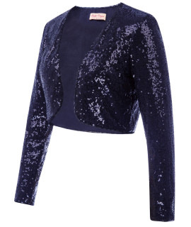 Belle Poque Womens Sequin Jacket Long Sleeve Blazer glitter cropped Bolero Shrug (Navy,L)