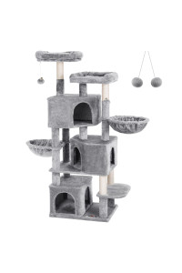 FEANDREA Large Cat Tree with 3 Cat Caves, 164 cm Cat Tower, Light Grey PCT98W