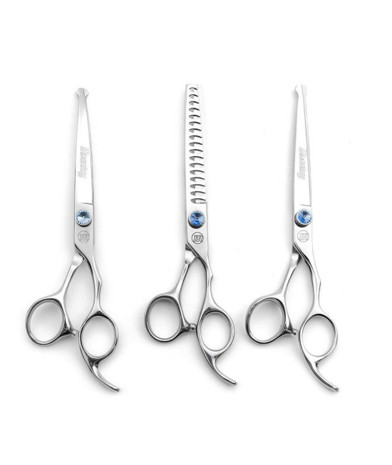 Moontay Professional Dog Grooming Straight, Curved, Thinning/Blending/Chunking Scissors Kit, JP-440C Stainless Steel Pet Cat Hair Cutting/Trimming Shears, Silver