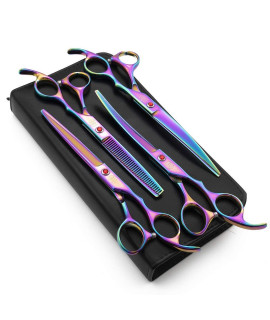 Moontay Professional 7.0 Dog Grooming Scissors Set, 4-pieces Straight, Upward Curved, Downward Curved, Thinning/Blending Shears for Dog, Cat and Pets, JP Stainless Steel, Multicolour