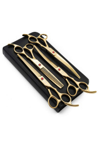 Moontay Professional 7.0 Dog Grooming Scissors Set, 4-pieces Straight, Upward Curved, Downward Curved, Thinning/Blending Shears for Dog, Cat and Pets, JP Stainless Steel, Gold