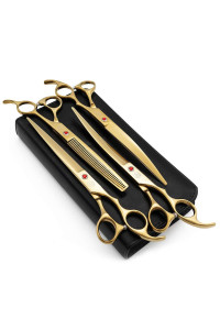 Moontay Professional 8.0 Dog Grooming Scissors Set, 4-pieces Straight, Upward Curved, Downward Curved, Thinning/Blending Shears for Dog, Cat and Pets, JP Stainless Steel, Gold