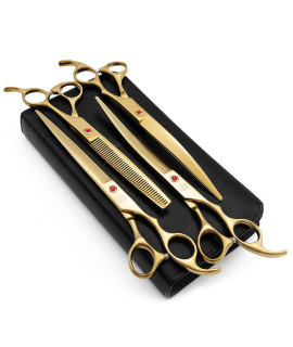 Moontay Professional 8.0 Dog Grooming Scissors Set, 4-pieces Straight, Upward Curved, Downward Curved, Thinning/Blending Shears for Dog, Cat and Pets, JP Stainless Steel, Gold