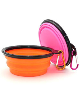 Dog Bowl Pet Collapsible Bowls, 2 Pack Collapsible Dog Water Bowls for Cats Dogs, Portable Pet Feeding Watering Dish for Walking Parking Traveling with 2 Carabiners (Small, Orange+Pink)