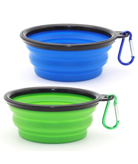 Dog Bowl Pet Collapsible Bowls, 2 Pack Collapsible Dog Water Bowls for Cats Dogs, Portable Pet Feeding Watering Dish for Walking Parking Traveling with 2 Carabiners (Small, Blue+Green)