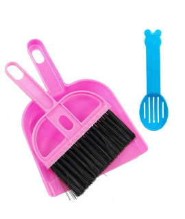 SEIS 3 Pack Hamster Mini Dustpan and Broom Set Guinea Pig Classical Besom Chinchillas Sweeper Cavy Cage Clean Hedgehogs Scooper for Small Animal (Pink)