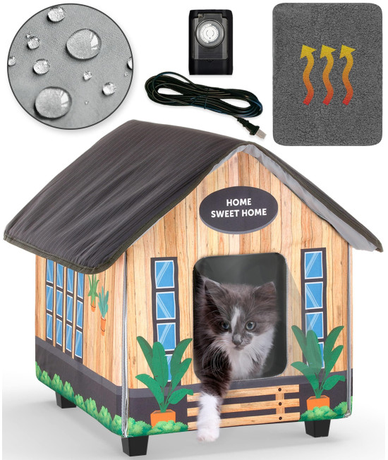 PETYELLA Heated cat Houses for Outdoor Cats in Winter - Heated Outdoor cat House Weatherproof - Outdoor Heated cat House - Easy to Assemble (Wood)