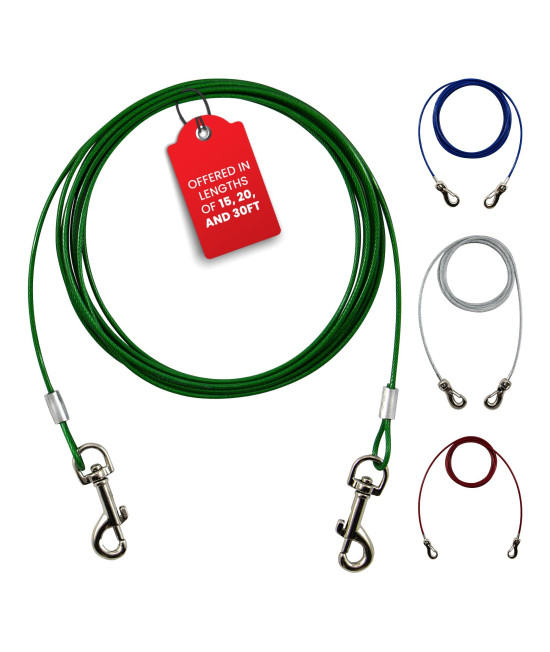 Ben-Mor Zinco 30 ft Dog Tie Out Cable for 20 lbs Small Breed Dogs & Pets - Heavy Duty 360 Degree Rotating Double Swivel Cable Cord for Training, Camping or Backyard Use - Green