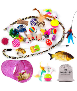 28 Pcs cat Toys Kitten Toys Assorted, cat Tunnel catnip Fish Feather Teaser Wand Fish Fluffy Mouse Mice Balls and Bells Toys for cat Puppy Kitty with Storage Bag
