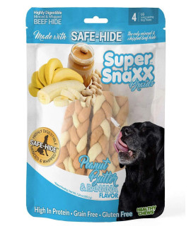 Wonder Snaxx Peanut Butter & Banana, Braids, Dog Chews Made from Whipped Rawhide, Large, 4 Braids
