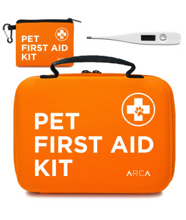 ARCA PET Cat & Dog First Aid Kit Home Office Travel Car Emergency Kit Pet Travel Kit - 100 Pieces with Thermometer and Bonus Mini First Aid Kit Pouch & Emergency Collar [Hard Case for Protection]