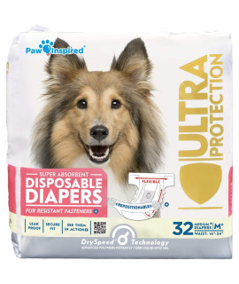Paw Inspired Disposable Dog Diapers Female Dog Diapers Ultra Protection Diapers for Dogs in Heat, Excitable Urination, or Incontinence (Medium Plus (32 Count))