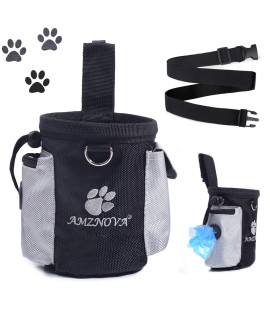 AMZNOVA Dog Treat Bag, Puppy Training Pouch, Animal Walking Snack Container Best Hiking Toys Pack Dispenser Carries with Waistband, Black