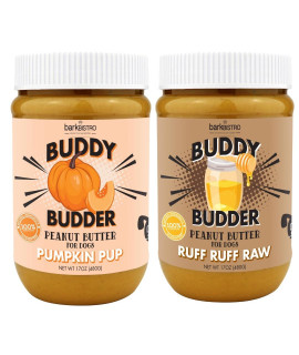 Buddy BUDDER Bark Bistro Company, Ruff Ruff Raw + Pumpkin Pup, Dog Peanut Butter, Healthy Dog Treat, Dog Enrichment, 100% Natural Dog Peanut Butter - Made in USA (Set of 2/ 17oz Jars)