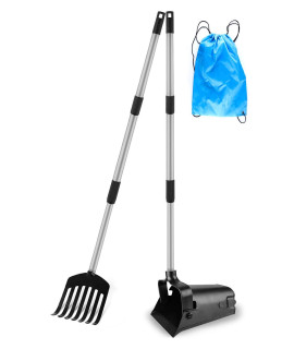 SKYFIELD Pooper Scooper Swivel Bin & Rake Kit, Extendable Metal Dog Poop Scooper Rake with Tray for Large Medium Small Dogs. Compact Storage String Pouch Included