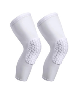 PISIQI Knee compression Pads Long Leg Sleeve Brace Protection for Basketball, Football Volleyball (2 Sleeves) (White, M)