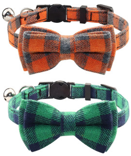 Joytale Upgraded Cat Collar with Bells, Breakaway Cat Collars with Bow Tie, 2 Pack Girl Boy Safety Plaid Kitten Collars, Green+Orange