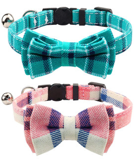Joytale Upgraded Cat Collar with Bells, Breakaway Cat Collars with Bow Tie, 2 Pack Girl Boy Safety Plaid Kitten Collars, Pink+Teal