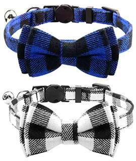 Joytale Upgraded Cat Collar with Bells, Breakaway Cat Collars with Bow Tie, 2 Pack Girl Boy Safety Plaid Kitten Collars, Black+Blue