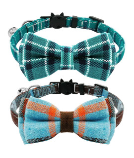KUDES 2 Pack/Set Cat Collar Breakaway with Cute Bow Tie and Bell for Kitty and Some Puppies, Adjustable from 7.8-10.5 Inch (Cyan-Blue+Blue-Gray, Plaid)