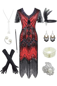Womens 1920s gatsby Inspired Sequin Beads Long Fringe Flapper Dress wAccessories Set