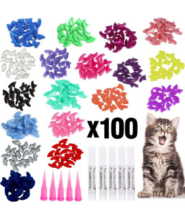 VICTHY 100pcs Cat Nail Caps, Colorful Pet Cat Soft Claws Nail Covers for Cat Claws with Glue and Applicators Extra Small