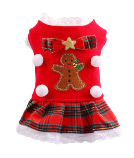TENGZHI Christmas?resses?or?mall Medium Dogs Cats Fall Winter New Year Xmas Dog Skirt Cute Gingerbread Man Red Plaid Puppy Outfit Chihuahua Yorkie Clothes(XS)