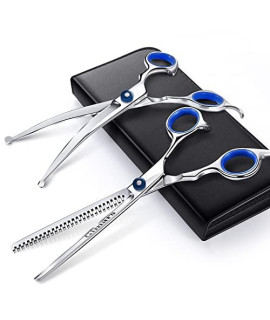 Gimars 3 in 1 Professional 4CR Dog Grooming Scissors Kit with Safety Round Tip, Heavy Duty Titanium Coated Straight & Thinning & Curved Shears & Comb Set for Dog & Cat Grooming