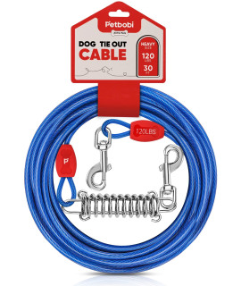 Petbobi 30ft Tie Out Cable for Dog with Durable Spring and Metal Swivel Hooks for Outdoor, Yard and Camping, Rust- Proof Training Tether for Small to Medium Dogs Up to 120 Pounds, Blue