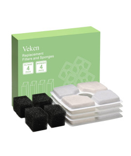 Veken 4 Pack Replacement Filters & 4 Pack Replacement Pre-filter Sponges for Automatic Pet Fountain Cat Water Fountain Dog Water Dispenser