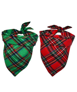 Malier 2 Pack Dog Bandana Christmas Classic Plaid Pets Scarf Triangle Bibs Kerchief Set Pet Costume Accessories Decoration for Small Medium Large Dogs Cats Pets (Green + Red, Large)