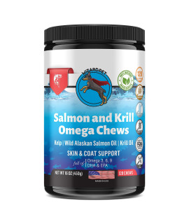 WIZARDPET Wild Alaskan Salmon & Krill Oil Chews for Dogs 120 Soft Treats Omega 3 6 9 Fish Supplement with EPA, DHA for Itch Free Skin Coat Joints Allergy Relief Reduce Hair Shedding USA