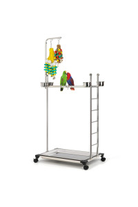 Olpchee Stainless Steel Large Parrot Stand,Bird Play Stand Parrot Playstand Parrot Training Perch Stand with Feeding Bowls,Height 57 Inch (Including Toys)
