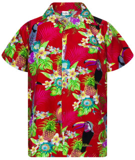 KINg KAMEHA Funky Hawaiian Shirt, Shortsleeve, Parrot cockatoo, Red, 3XL