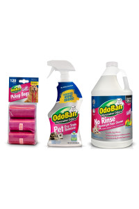 OdoBan Pet Solutions Oxy Stain Remover, 32 Ounce Spray, Neutral pH Floor Cleaner Concentrate, 1 Gallon, and 120 Dog Waste Pickup Bags