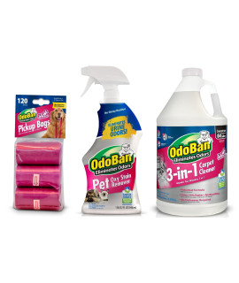 OdoBan Pet Solutions Oxy Stain Remover 32 Ounce Spray, 3-in-1 Carpet Cleaner, 1 Gallon, and 120 Dog Waste Pickup Bags