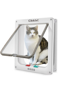 CEESC Extra Large Cat Door (Outer Size 11 x 9.8), 4 Way Locking Large Cat Door for Interior Exterior Doors, Weatherproof Pet Door for Cats & Doggie with Circumference < 24.8 (White)