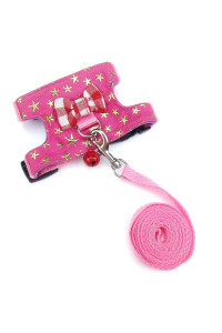 Wontee Small Pet Harness Vest and Leash Set with Bowknot and Bell Decor for Gerbil Guinea Pig Squirrel Kitten Outdoor Walking (S, Pink Star)